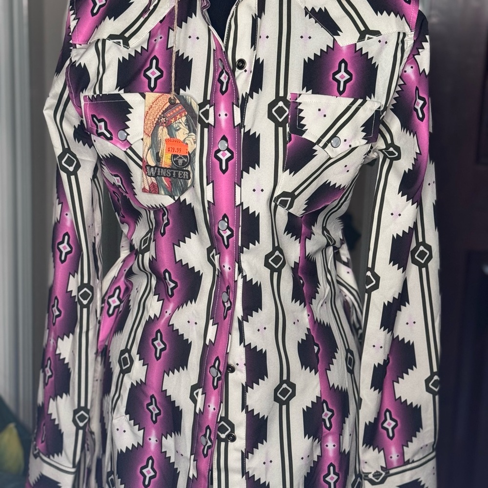 Pink and Black Geometric Patterned Shirt Dress - Picture 2 of 8